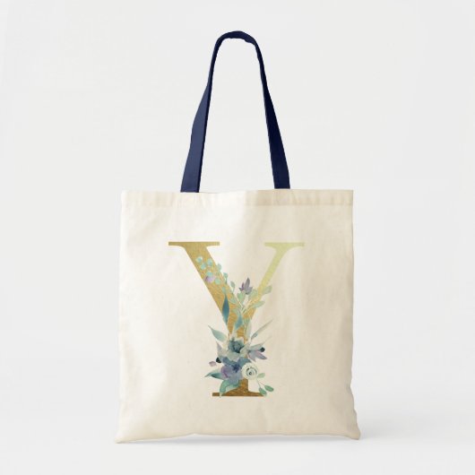 Golden Monogram Letter Y Blue Waterverf Flowers Tote Bag (Voorkant)