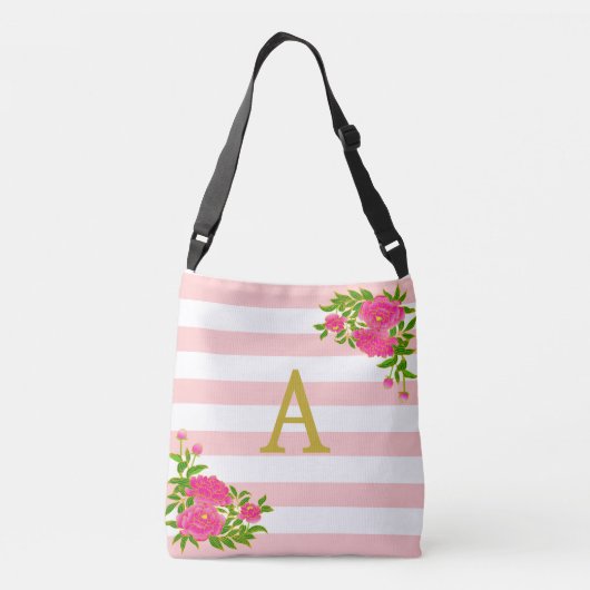 Golden Monogram op roze en witte streping Crossbody Tas (Achterkant)
