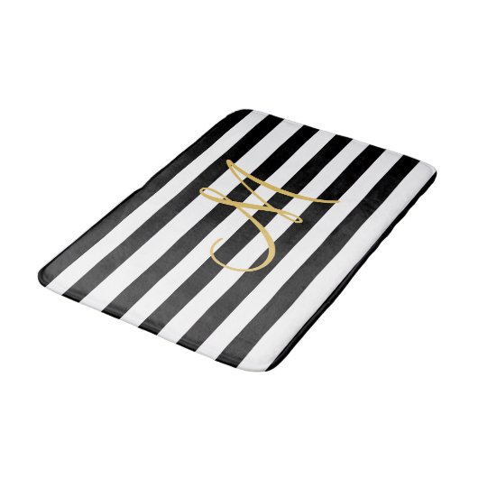 Golden Monogram op vaste zwarte en witte strepen Badmat (Gekanteld)