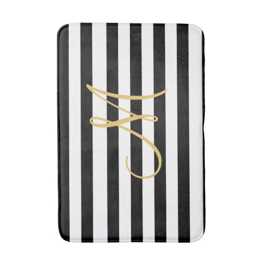 Golden Monogram op vaste zwarte en witte strepen Badmat (Voorkant Verticaal)