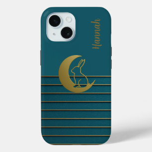 Golden Moon & Bunny op Blauwgroen iPhone / iPad-ho 15 Case