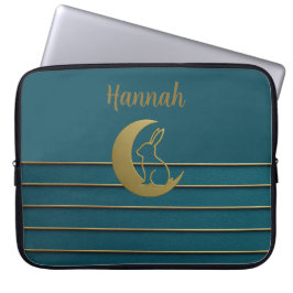Golden Moon & Bunny op Blauwgroen Laptop Sleeve