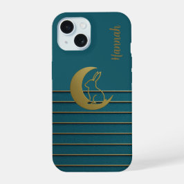 Golden Moon & Bunny op Blauwgroen telefoonhoes iPhone 15 Case