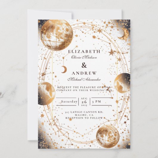 Golden Moonlit Celestial Wedding Kaart (Voorkant)