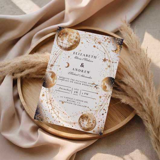 Golden Moonlit Celestial Wedding Kaart