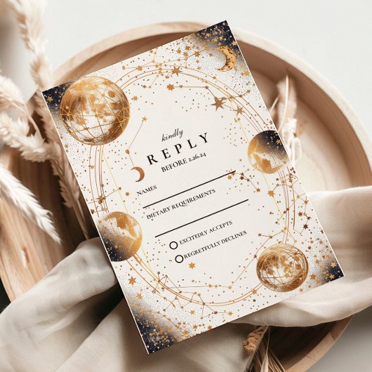 Golden Moonlit Celestial Wedding RSVP Kaartje