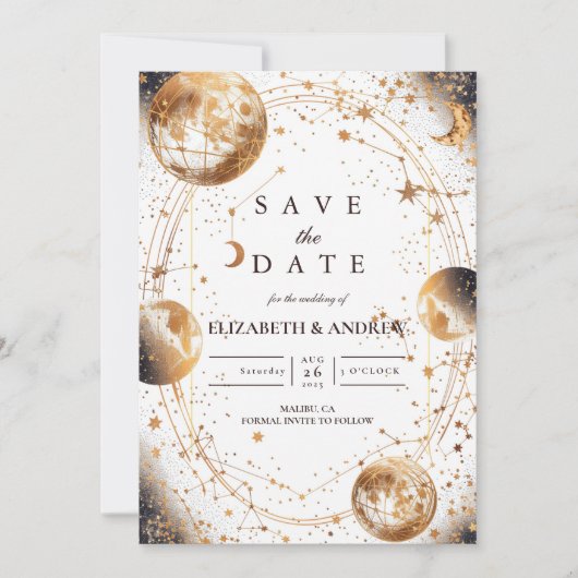Golden Moonlit Celestial Wedding Save The Date (Voorkant)