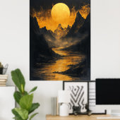 Golden Moonlit River in zwart goud Poster (Thuiskantoor)
