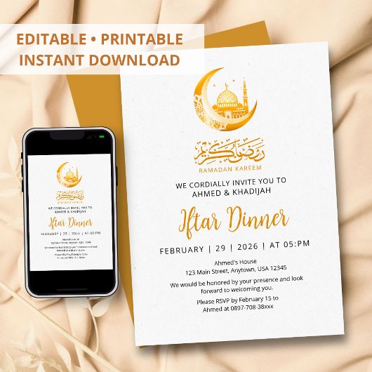Golden Mosque Moon Ramadan Iftar Dinner Invitation Kaart