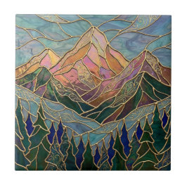 Golden Mountain Peaks Forest Stained Glass Art Tegeltje
