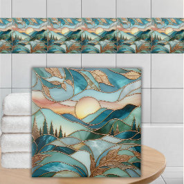 Golden Mountain Peaks Forest Stained Glass Art Tegeltje