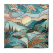Golden Mountain Peaks Forest Stained Glass Art Tegeltje (Voorkant)