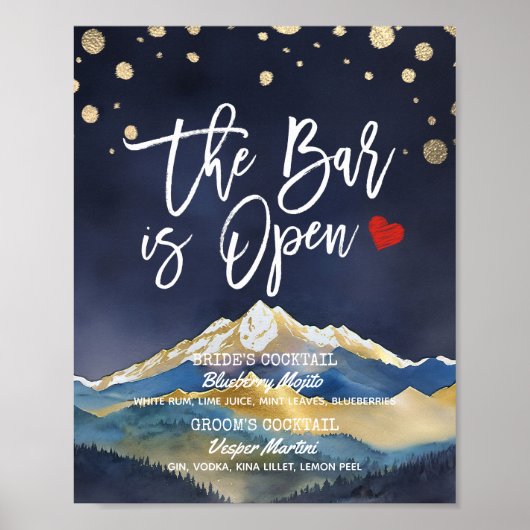Golden Mountain Wedding The Bar is Open Drink Menu Poster (Voorkant)