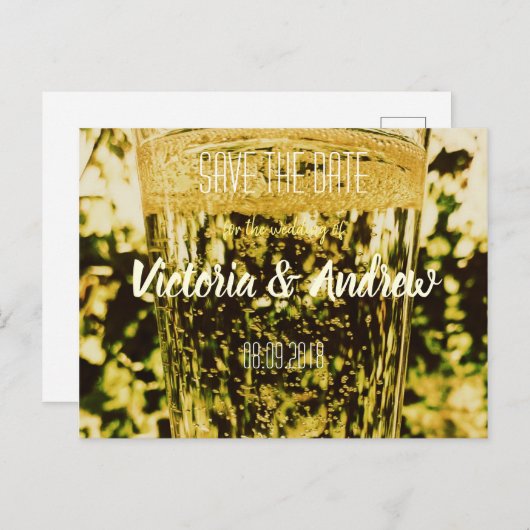 Golden Mousserende Wijnglas Save the Date Briefkaa Aankondigingskaart (Voorkant / Achterkant)