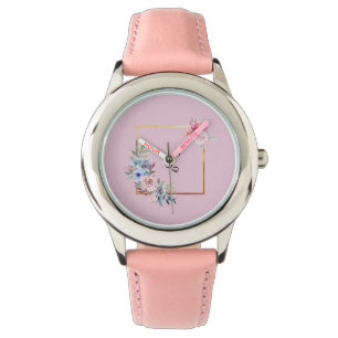  Golden Multicolored Flowers Monogram Tekst Horloge