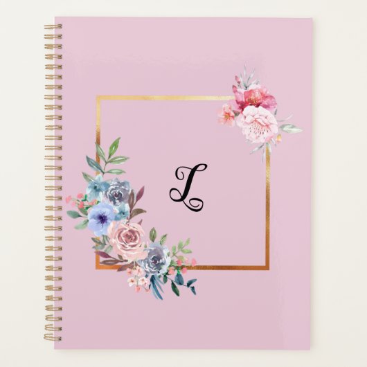 Golden Multicolored Flowers Monogram Tekst Planner (Voorkant)