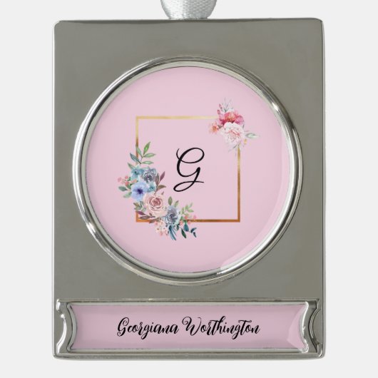  Golden Multicolored Flowers Monogram Tekst Verzilverd Banner Ornament (Voorkant)