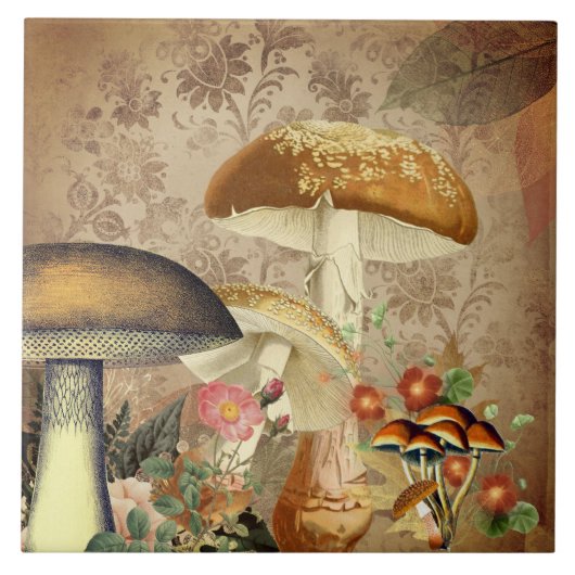  Golden Mushroom en Roze Floral Ephemera Tegeltje (Voorkant)