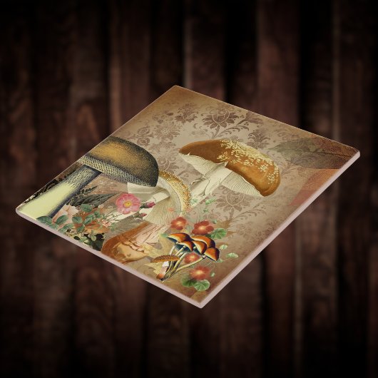  Golden Mushroom en Roze Floral Ephemera Tegeltje