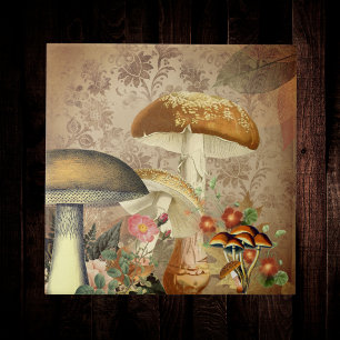 Golden Mushroom en Roze Floral Ephemera Tegeltje