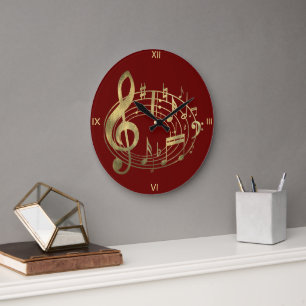 Golden Musical Notes in Oval Shape on Red Grote Klok