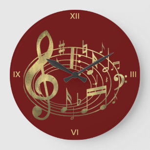 Golden Musical Notes in Oval Shape on Red Grote Klok