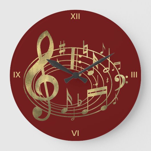 Golden Musical Notes in Oval Shape on Red Grote Klok (Voorkant)