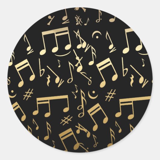 Golden musical notes op zwarte achtergrond ronde sticker (Voorkant)