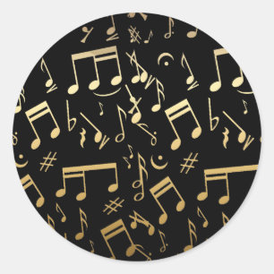 Golden musical notes op zwarte achtergrond ronde sticker