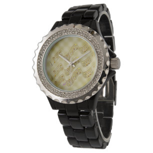 Golden Muzieknoten Zwart Rhinestone horloge