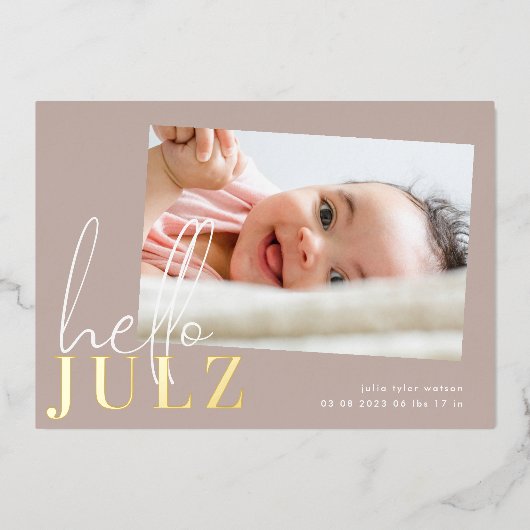 Golden Name Hallo Foto Baby Birth Announement Folie Uitnodiging (Voorkant)