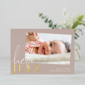 Golden Name Hallo Foto Baby Birth Announement Folie Uitnodiging (Staand Voorkant)