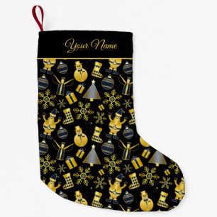 Golden Name Santa Snowman Gift Pattern Black Kleine Kerstsok