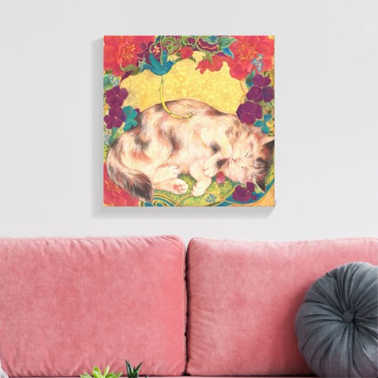  Golden Nap: Feline Serenity in Bloom Canvas Afdruk (Insitu (Woonkamer))