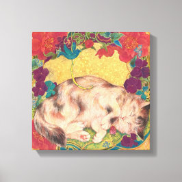  Golden Nap: Feline Serenity in Bloom Canvas Afdruk