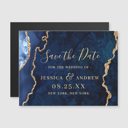 Golden Navy Blue Agate Save the Date Magnetic Card (Voorkant / Achterkant)