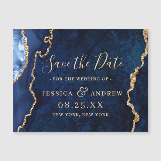 Golden Navy Blue Agate Save the Date Magnetic Card (Voorkant)