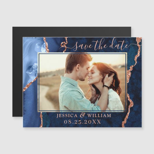 Golden Navy Blue Agate Save the Date Magnetic Card (Voorkant / Achterkant)