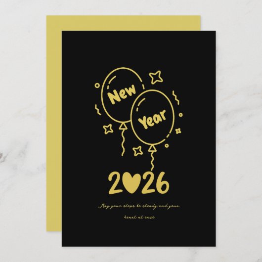 Golden New Year Balloon Card 2026 Feestdagenkaart (Voorkant / Achterkant)