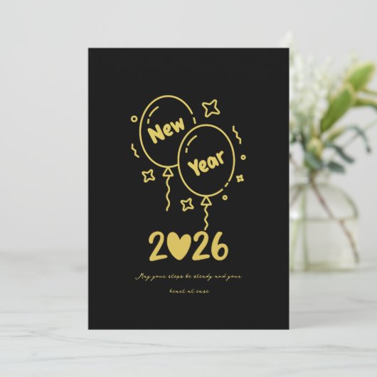 Golden New Year Balloon Card 2026 Feestdagenkaart (Staand voorkant)