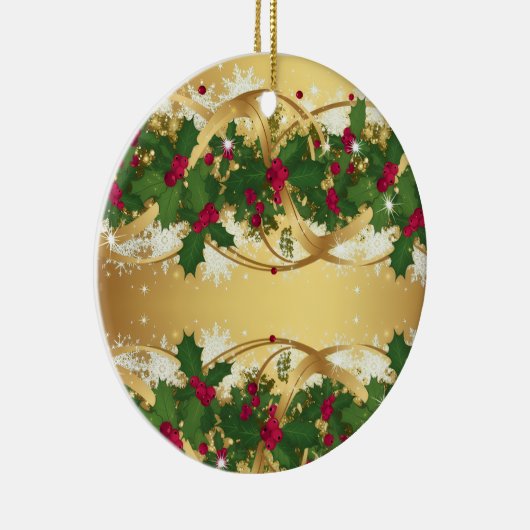 Golden Noel Garland — Red Berries & Holly Leaves Keramisch Ornament (Rechts)