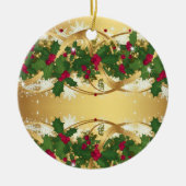 Golden Noel Garland — Red Berries & Holly Leaves Keramisch Ornament (Voorkant)