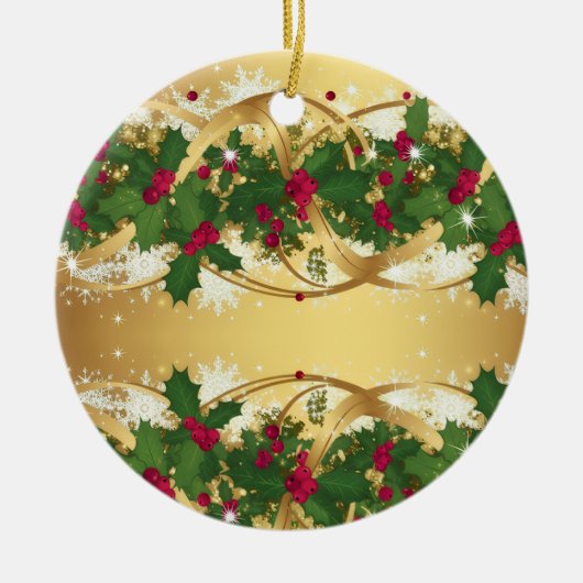 Golden Noel Garland — Red Berries & Holly Leaves Keramisch Ornament (Voorkant)