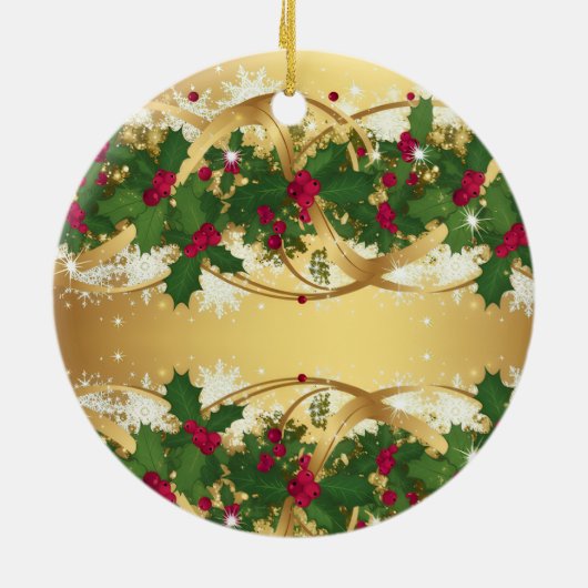 Golden Noel Garland — Red Berries & Holly Leaves Keramisch Ornament (Achterkant)