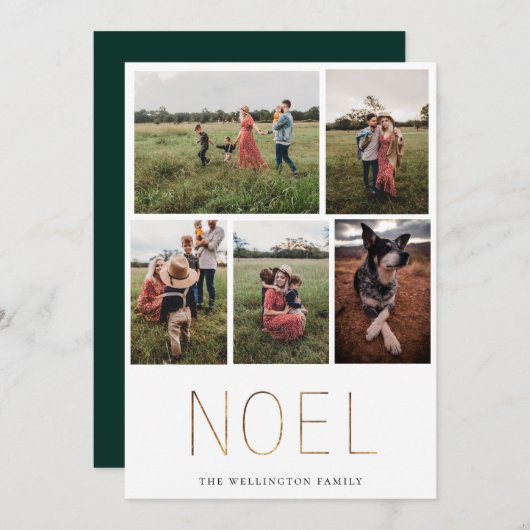 Golden NOEL Modern Photo Collage Holiday Kaart (Voorkant / Achterkant)