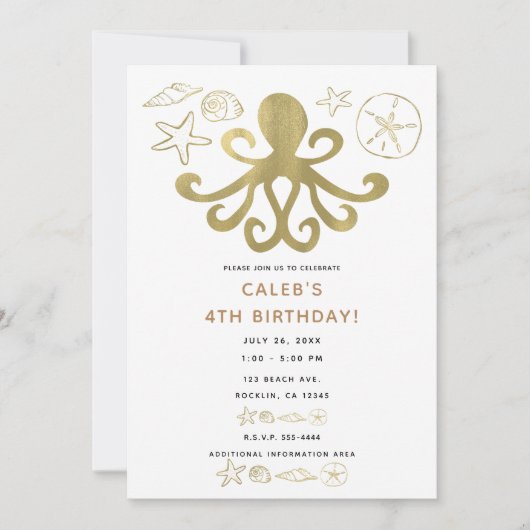 Golden Octopus & Sea Shells Beach Birthday Party Kaart (Voorkant)