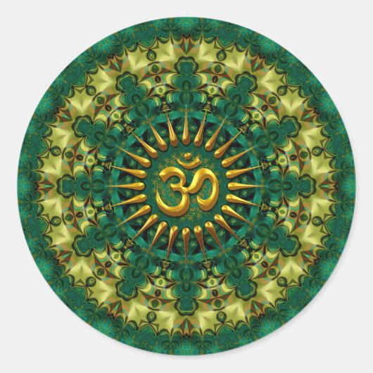 Golden Om en Natuur Green Mandala Geometry Art Ronde Sticker (Voorkant)