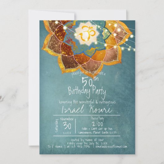 Golden Om Flower Mandala Design 50th Birthday Blau Kaart (Voorkant)