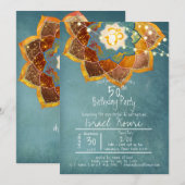 Golden Om Flower Mandala Design 50th Birthday Blau Kaart (Voorkant / Achterkant)