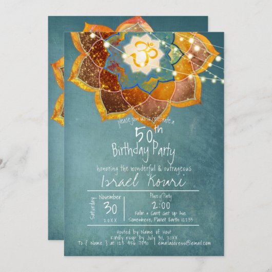 Golden Om Flower Mandala Design 50th Birthday Blau Kaart (Voorkant / Achterkant)